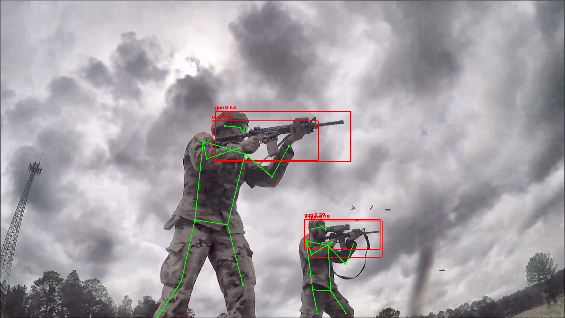 YOLO gun boxes and pose skeletons on an enhanced frame 240 from the pilot clip